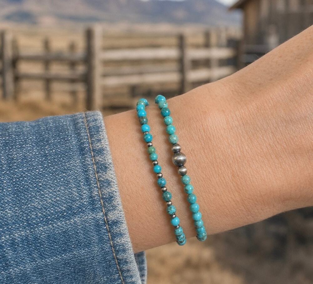 Two  5mm Kingman Turquoise Sterling Silver Pearl Bracelets